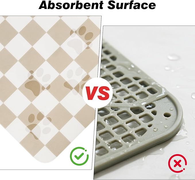CooRug Checkered Dog Food Mat, Absorbent Leak-Proof Pet Feeding Mat, Quick Dry Cat Food Mat for Messy Drinkers 12" x 20" Khaki
