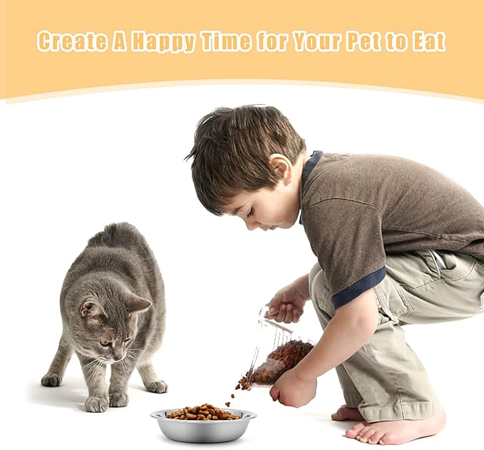 Stainless Steel Cat Bowl - Shallow Wide Flat Cats Food Bowls,Metal Kitten Dishes Whisker Friendly Fatigue Relief,Replacement Basic Kitty Plates for Elevated Stand,Dishwasher Safe(Set of 12)