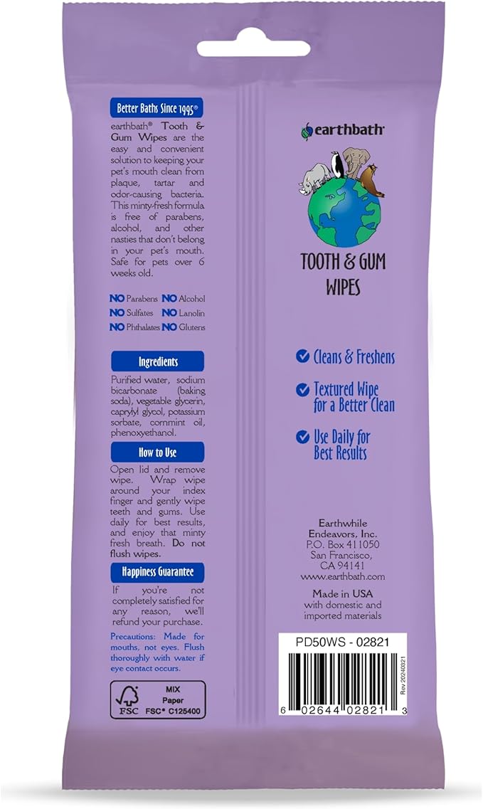 earthbath Tooth & Gum Wipes - Mint Dog Teeth Cleaning Wipes, No Brush Pet Dental Finger Swab for Dog and Cat Teeth Cleaning, Made in USA - Baking Soda & Cornmint, 50 Count
