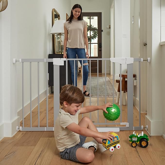 Cumbor 30-46" Baby Gate for Stairs, Gifts for Mom-Auto Close Dog Gate for The House, Easy Install Pressure Mounted Pet Gates for Doorways, Easy Walk Thru Wide Safety Gate for Dog, Gray