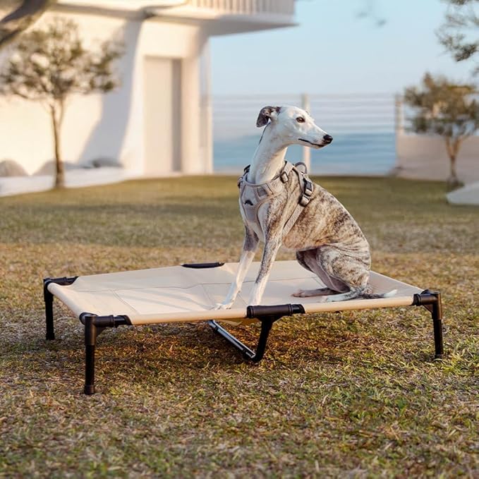 FUNNY FUZZY Elevated Dog Bed with Canopy for Large Dogs up to 120 lbs– Raised Dog Cot Bed with UV Shade,Waterproof,Breathable Mesh,Outdoor & Indoor Use,Portable,Khaki(36"×30"×7")