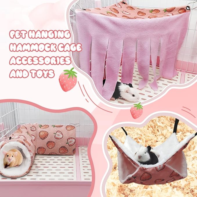 LYART Guinea Pig Rat Ferret Hammock and Warm Bed Small Pet Hideout Tunnel Cave Hanging Bunkbed Hammock Cage Toy for Hamster Sugar Glider Squirrel (3.Hammock & Tunnel)