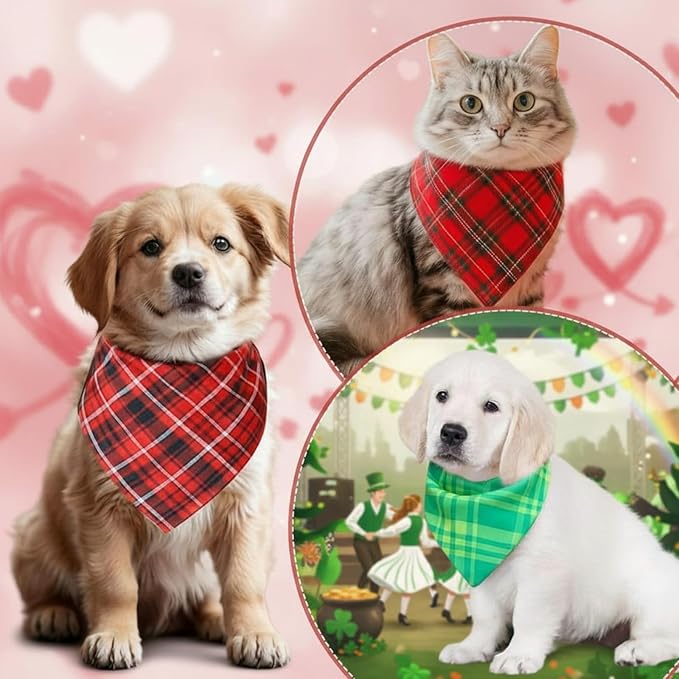 Abbylike 100 Pcs St. Patrick's Day Dog Bandanas Bulk Green Plaid Bandanas for Dogs Triangle Kerchief Bib Scarf for Pet Irish Holiday Costume Photo Props Accessories (19.7 x 13.8 x 13.8)