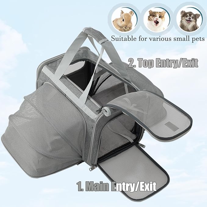 Cats Carrier for Small Dogs Puppy Cat Bag Expandable,Airline Approved,2 Sides Expand,Rabbit Bunny Pets Carriers Small Animals Travel Outdoor Carry Kennel (Grey)