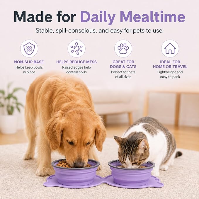 Collapsible Dog Bowls, 2-in-1 Silicone Pet Food and Water Bowl with Carabiner - Portable Double Compartment Travel Dish for Dogs, Ideal for Camping, Hiking, Car Rides, Puppy Essentials (Purple)