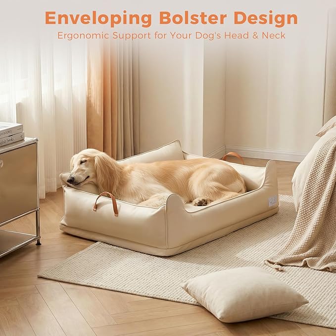 Removable Orthopedic Dog Beds for Large Dogs, Leather Memory Foam Dog Sofa Bed, Waterproof Durable Dogs Bed Couch with Non Skid Bottom for All Pet Sizes (Beige, Medium)