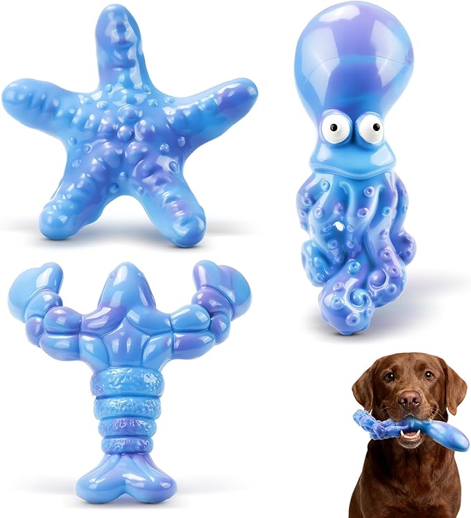 3 Pack Indestructible Dog Chew Toys for Aggressive Chewers: Ultra-Dense Nylon, Bacon Flavor Chew Bones, Heavy Duty Tough Toys for Large Dogs 20-90 lbs, Long Lasting & Keep Them Busy (XL Ocean)