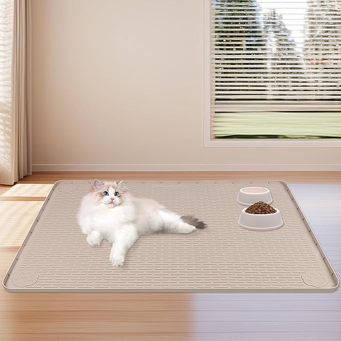 Dog Food Mat, Extra Large 40" x 40" Silicone Pet Feeding Mat with Raised Edge Pet Placemat for Small, Medium, and Large Pets Non-Slip, Easy to Clean (Khaki)