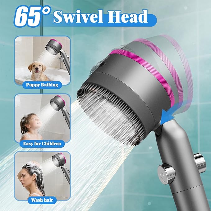 High Pressure Shower Head, 30° Adjustable 4 Modes Handheld Shower Head and Hose Set with 5 Filters, 59‘’ Hose & Bracket, Power Swivel Filtered Showerhead for Remove Residual Chlorine (Gray)
