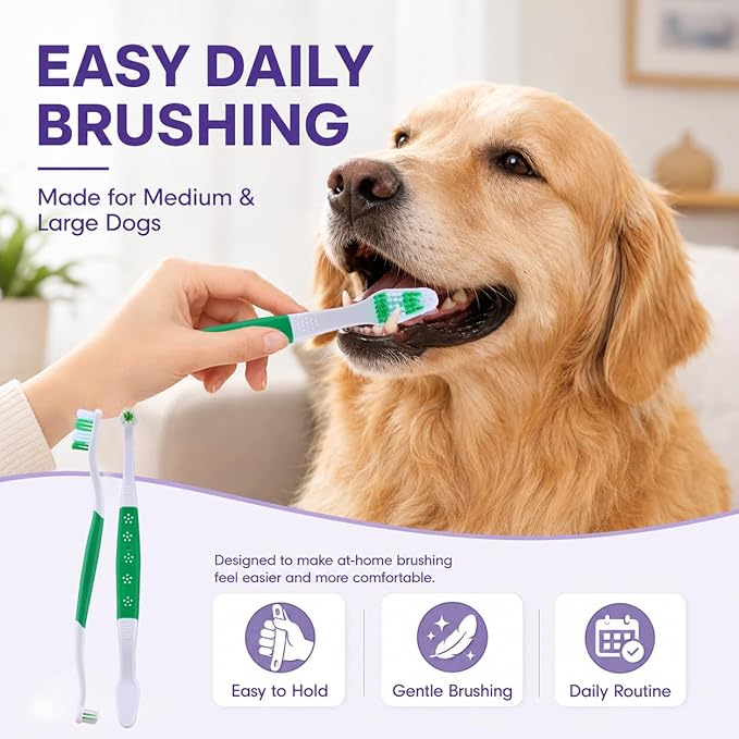 Dog Toothbrush – Newly Upgraded Dual-Head Design with 60° Wavy Bristles – Gently Surrounds Teeth for Deep Cleaning and Plaque Removal – Non-Slip Handle, Ideal for Daily Pet Dental Care (Green, 6-Pack)