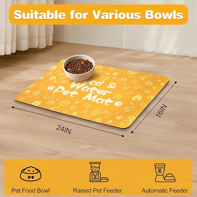 Pet Feeding Mat,Dog Cat Mat for Food and Water,Dog Bowl Waterproof Placemat with Rubber Backing,Absorbent Quick Dry Water Dispenser Mat for Pet(Orange 16"×24")
