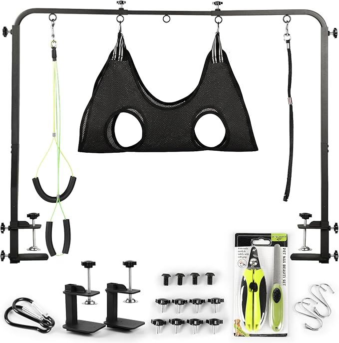 Premium Dog Grooming Arm with Clamp & Dog Grooming Hammock - Heavy Duty Grooming Table for Dogs at Home - Nail Clippers for Dogs - Complete Pet Grooming Kit & Dog Harness for Nail Trimming