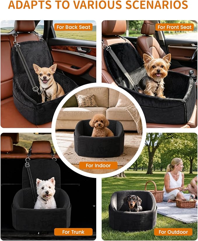 NUPIDA Dog Car Seat for Small Medium Dogs, Dog Booster Seat with Extendable Backrest, Pet Portable Car Seats up to 30 lbs, Washable Travel Bed with Storage Pockets and 2 Safety Leashes, Black