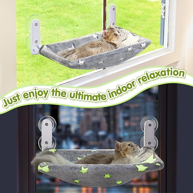 Zoratoo Cat Window Perch, Glow in The Dark Cordless Foldable Pet Hammock Bed for Window with Sturdy Metal Frame, Glowing Stars Pattern Resting Seat for Indoor Cats (Stars - L)