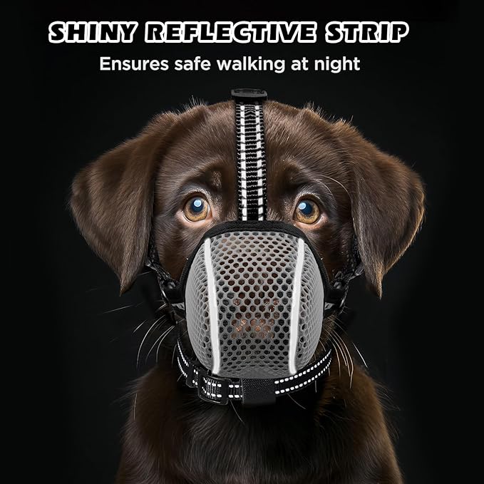 Dog Muzzle,Mesh Soft Muzzle for Small Medium Large Sized Dogs, Breathable Reflective Adjustable Puppy Muzzles with Collar for Scavenging Grooming Biting Chewing,Allows Panting and Drinking(Grey L)