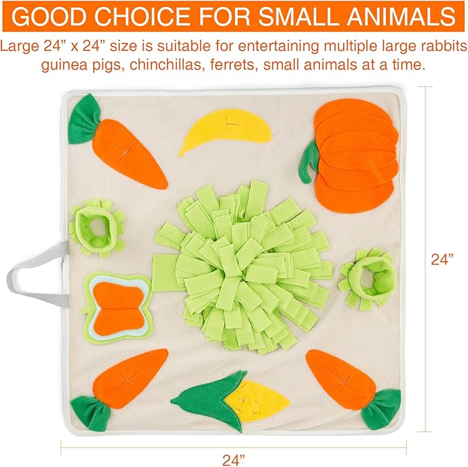 24''x24'' Rabbit Foraging Mat with Handle Pet Snuffle Mat Interactive Feed Game Treat Dispenser for Dogs Rabbits Bunny Guinea Pigs Ferrets Chinchillas, Beige