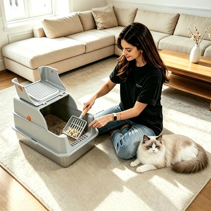 Stainless Steel Litter Box with Lid Cat Metal Litter Box Enclosure Covered Litter Box High Sided Extra Large Litter Boxes for Big Cats with Cat Litter Deodorizer Scoop Mat Grey