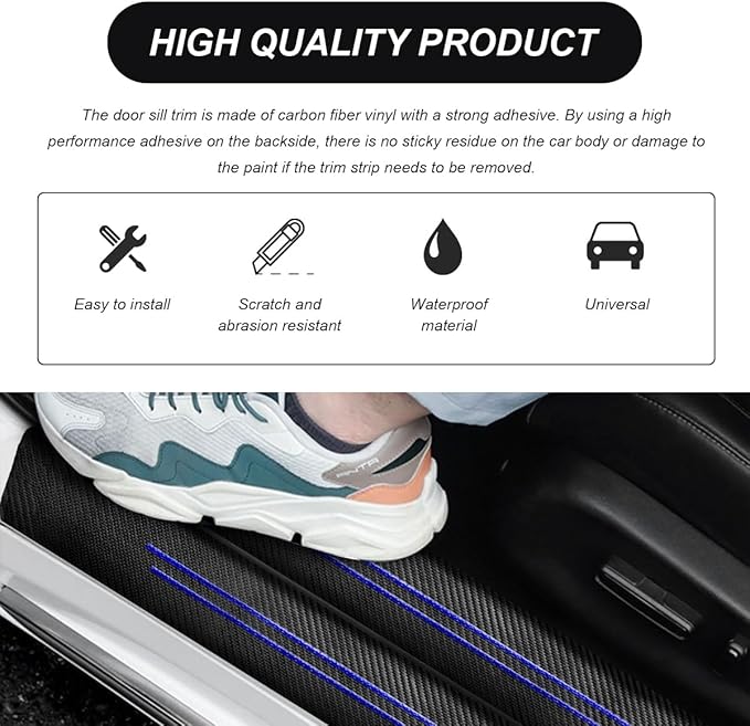 4 PCS Car Door Sill Protector, Waterproof Carbon Fiber Style Car Door Entry Guard Sill Protector, Anti-Scratch Door Threshold Strips Stickers for Most Vehicles, Car Accessories (Blue-4pcs)