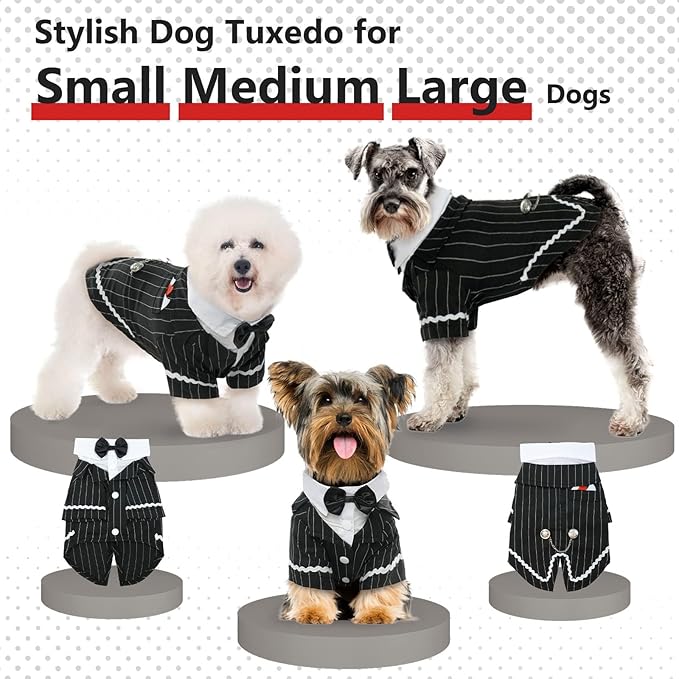 QBLEEV Dog Tuxedo Suit with Bow Tie, Formal Black & White Striped Dog Costume Outfit, Doggy Tux Prince Dress for Wedding Party Birthday Holiday, Elegant Dogs Attire for Maltese Dachshund Corgi Beagle