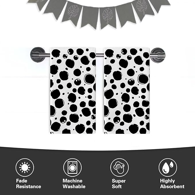 Black White Polka Dots Kitchen Dish Towels Set of 2, Spots Doodle Drying Hand Towel Baking Cooking Cloth, Modern Art Bathroom Home Decoration 18 x 26 Inches