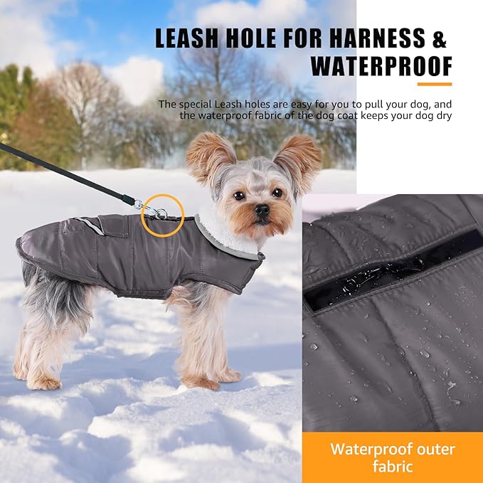 Dog Winter Coat for Extra Small Dogs, Easy on XS Dog Snow Jacket Velcro Waterproof Pet Puffer Clothes with Harness Hole Adjustable Reflective Quilted Dog Cold Weather Vest for Boy 8-12 Pounds