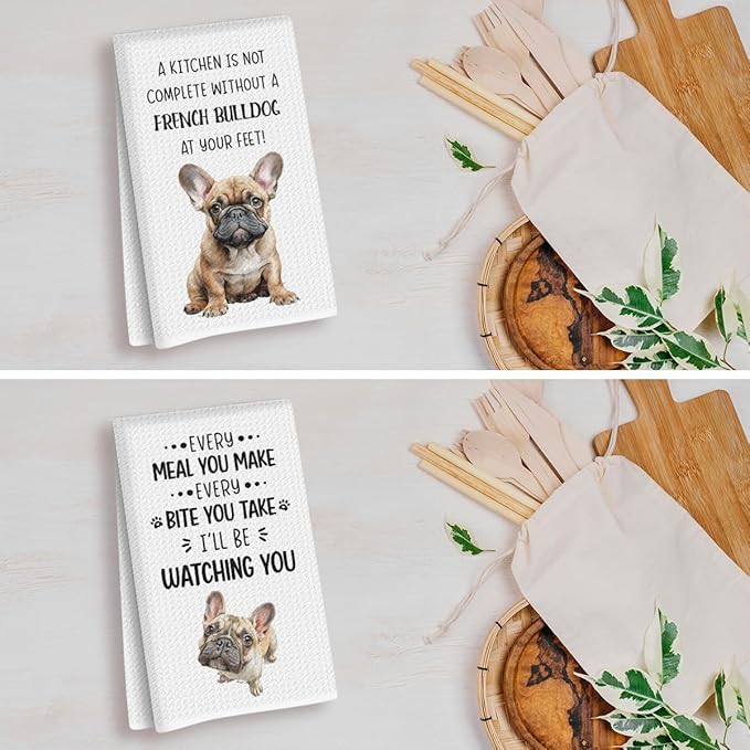 2Pcs French Bulldog Kitchen Towels 24x14 Inch, French Bulldog Gifts for Woman Mom, Reusable Waffle Weave Microfiber Absorbent Hand Tea Dish Towels for Kitchen Bathroom Decor, Dog Lovers Gifts