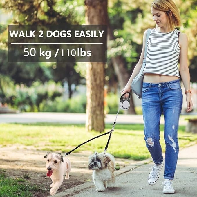 Dual Retractable Dog Leash for 2 Large Dogs (Up to 110 Lbs Each) - Double Headed 18.5 ft Extendable Pet Leash with Poop Bags, Non Slip Grip - One Button Break & Lock, 360 Tangle-Free (Gray, Large)