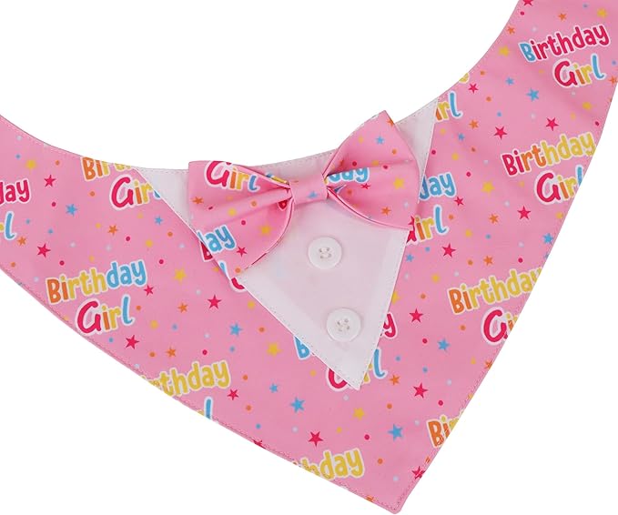 ADOGGYGO Birthday Girl Dog Tuxedo Bandana, Pink Collar with Bow Tie, Adjustable Formal Birthday Costume for Large Dogs (L)