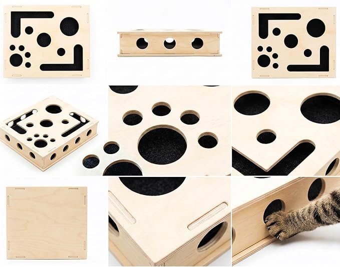 Cat Scratch Puzzle Enrichment Box: Stress-Free Alternative to Painful Trimming, Wooden Glowing Cat Nail File Scratching Box with Pre-Applied Sandpaper for Indoor Cats