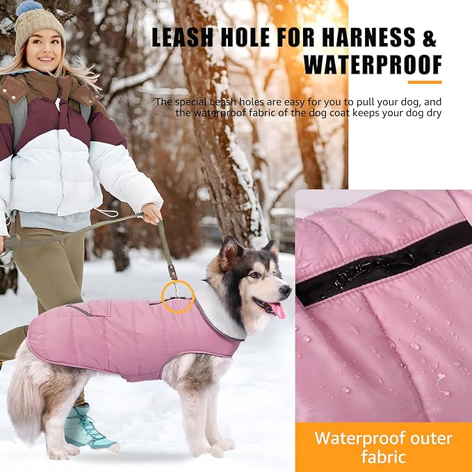 Dog Winter Coat for Extra Large Dogs, Easy on 3XL Dog Snow Jacket Velcro Waterproof Pet Puffer Clothes with Harness Hole Adjustable Reflective Quilted Pet Cold Weather Vest for Girl Female