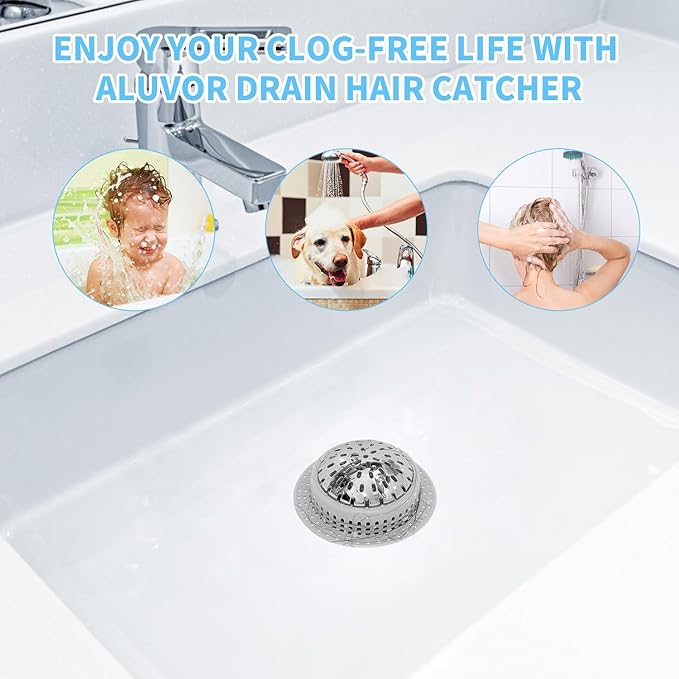 Aluvor Bathtub Drain Hair Catcher Shower Drain Cover Sink Drain Protector for Pop-Up & Regular Drains, Silver Grey