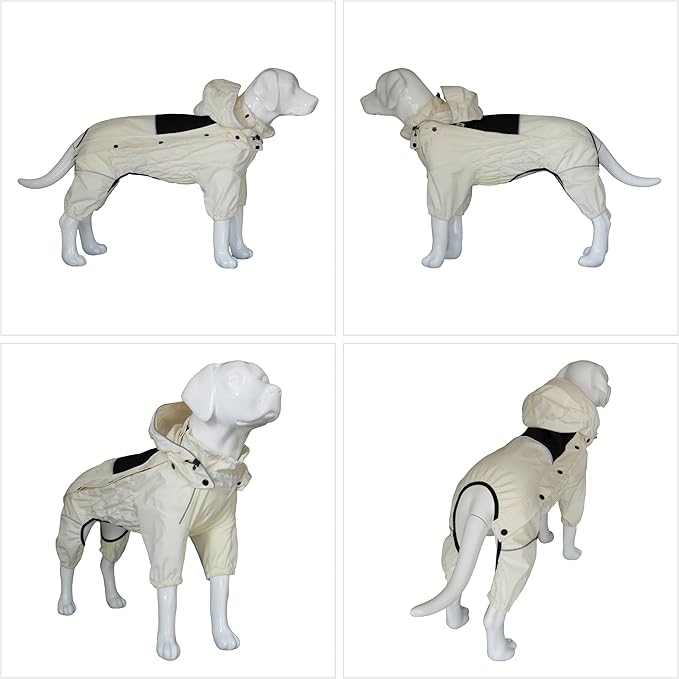 LOVELONGLONG Waterproof Dog Raincoat with Removable Hood – Outdoor Full Body Dog Jacket, Windproof Snowproof Shell Suit – All Season Pet Rain Gear Ivory L