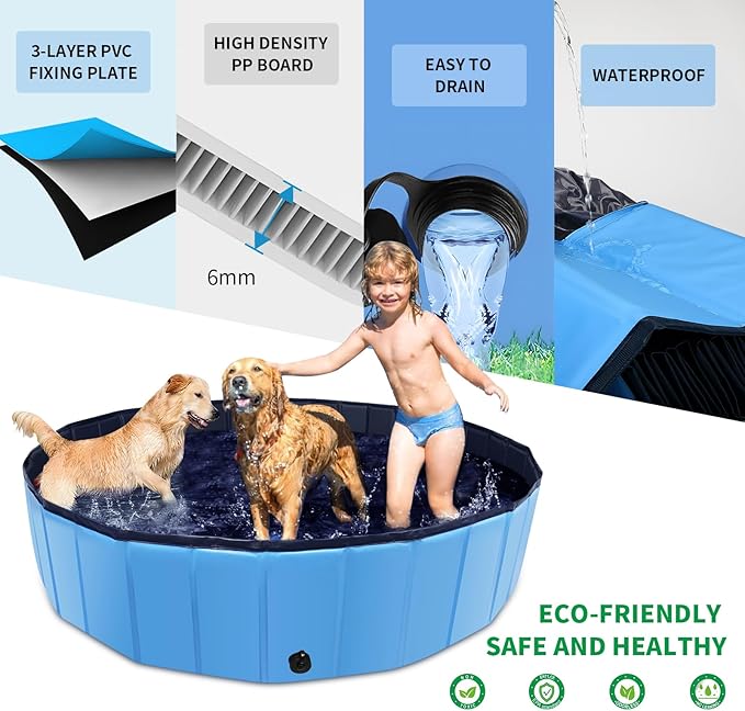 CACSPS Foldable Dog Pool, 79" x 14" Large Kiddie Pool with Hard Plastic, Non-Slip Dog Bath Tub for Outdoor Backyard, Collapsible Dog Swimming Pool for Kids Dogs Pets (Blue)