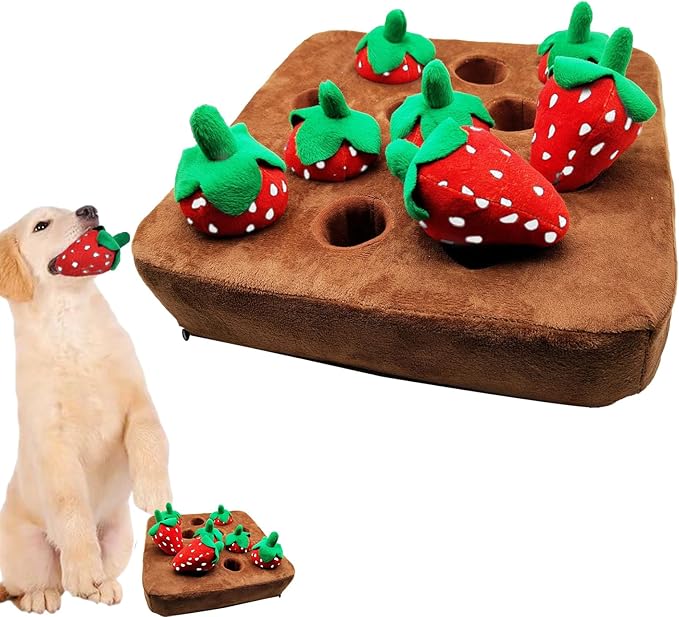Snuffle Mat - Dog Strawberry Toy, Interactive Play Rug, Soft Plush Vegetable Field Design, Chew Resistant Training Mat | Fun Chewing Toy for Dogs, Pet Enrichment Game, Indoor Activity Pe