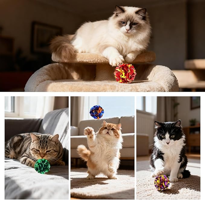 24Pcs Crinkle Cat Toy Balls, 2.47'' Interactive Crinkle Balls, Mylar Balls Cat Toy, Colorful Paper Ball Toys for Indoor Cats Kittens to Chew, Chase, Swat, Bite, Helps Kill Time and Keep Active