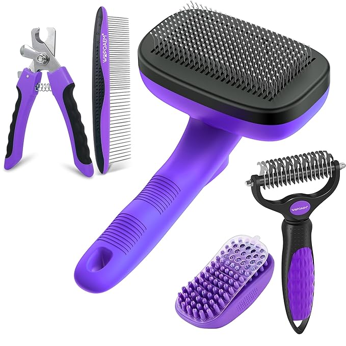Self Cleaning Slicker Brush & Dog Brush Grooming Rake & Bath Brush & Nail Clippers & Pet Comb for Pets,Deshedding Dematting Tool for Long and Short Haired Dogs & Cats,Purple 5 PCS