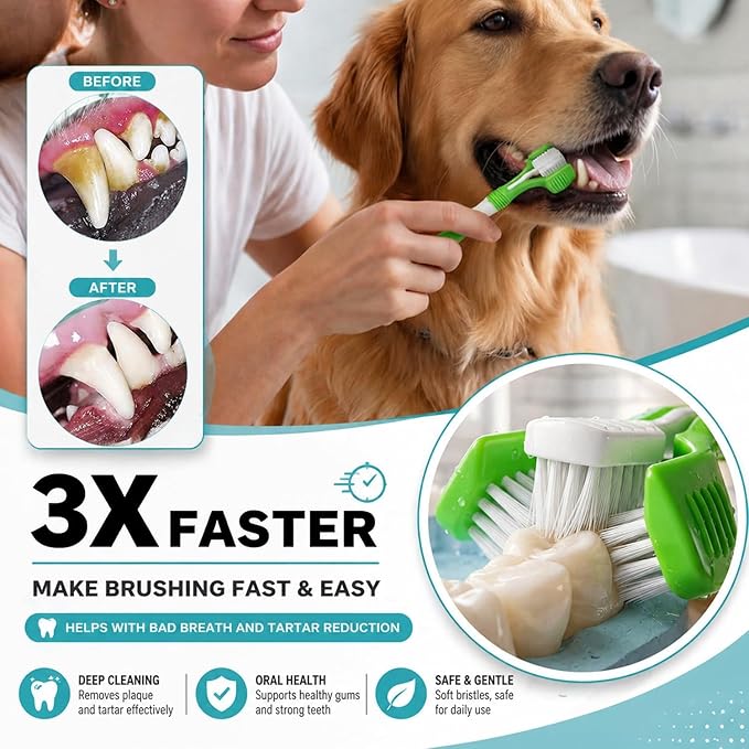 Dog Toothbrush, 360 Degree Finger Toothbrush, Triple Head Toothbrushes,Cleaning Brushes for Dog Cat Oral Dental Health (12 Kit)
