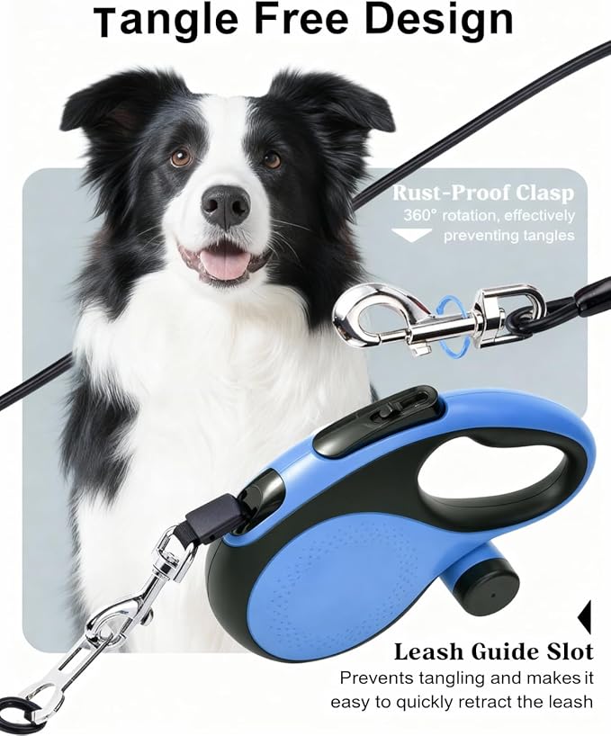 360° Tangle-Free Retractable Dog Leash with Chew Proof Extender | 26ft Upgraded Heavy Duty Retractable Dog Leash with Poop Bag Holder | One-Handed Brake, Pause, Lock (Extra Large, White)