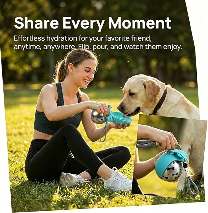 Leak-Proof Dog Water Bottle Portable, 2 in 1 Pet Travel Dispenser with Wide Bowl for Dogs, Stainless Steel No-Spill Doggy Water Cup & Silicone Trough for Walking, Hiking & On The Go