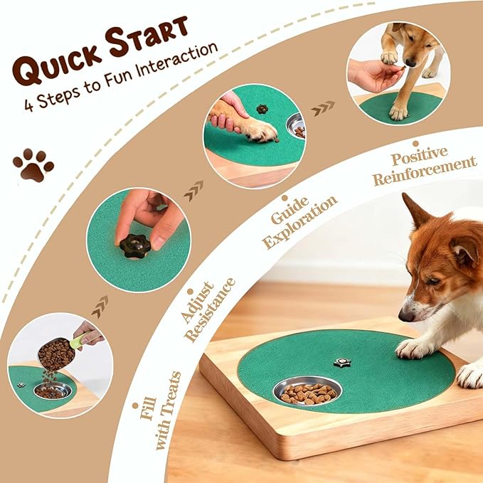 Wooden Interactive Dog Nail Scratch Board - Adjustable Resistance Rotating Style with Stainless Steel Treat Bowls for Stress-Free Paw Care