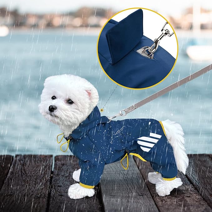 Dog Raincoat, Waterproof Dog Rain Jacket with Hood, Dog Rain Coat with Leash Hole, Reflective Strap for Small Medium Dogs, Lightweight Puppy Clothes(Blue,XS)