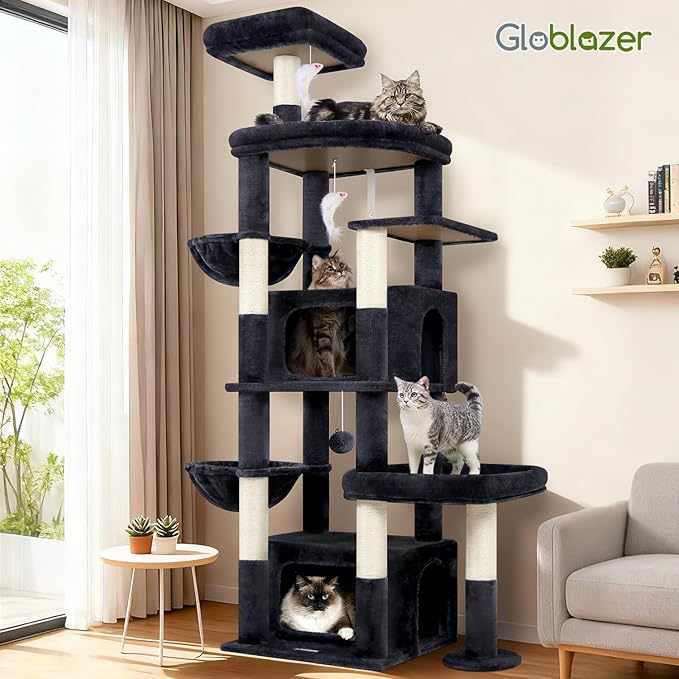 Globlazer Cat Tree for Large Cats, 75in Tall Multi-Level Heavy Duty Cat Tower for Indoor Cats with Extended Platform, 2 Spacious Condos, 2 Padded Perches, 6 Sisal Scratching Posts, S75, Dark Grey