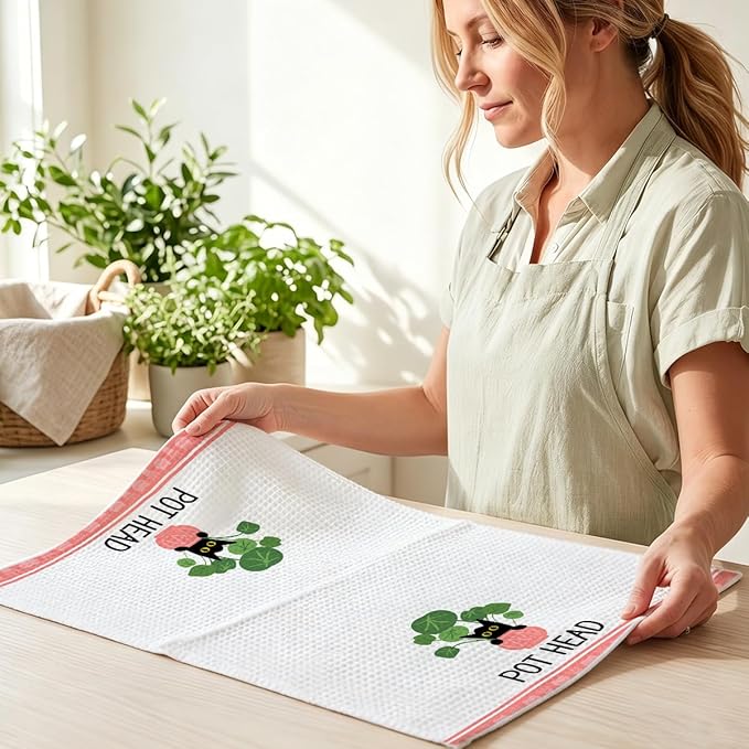 Hanamiya Na 4 Pcs Funny Cat Kitchen Towels, Plant Lover Gifts for Women Gardener Mom, Reusable Waffle Hand Towels for Bathroom Kitchen Home Farmhouse Decor, Cat Lover Gifts for Women, 24x14 Inch