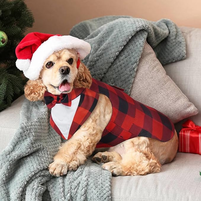 Kuoser Christmas Dog Tuxedo Dog Suit and Bandana Set, Pet Christmas Outfit Adjustable Puppy Xmas Costume with Bow Tie for Large Medium Small Dogs Golden Retriever Samo Bulldogs, Red Plaid L