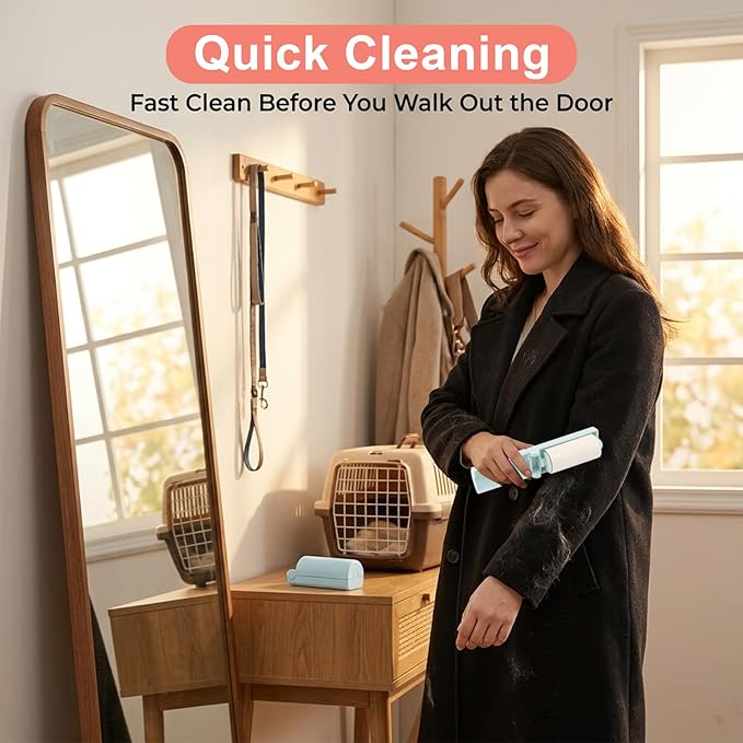 Foldable Travel Lint Roller Set, Washable Foldable Lint Remover, Portable Cleaning Roller with 4 Handles & 8 Refills, Reusable Pet Hair Remover for Clothes with Protective Cover