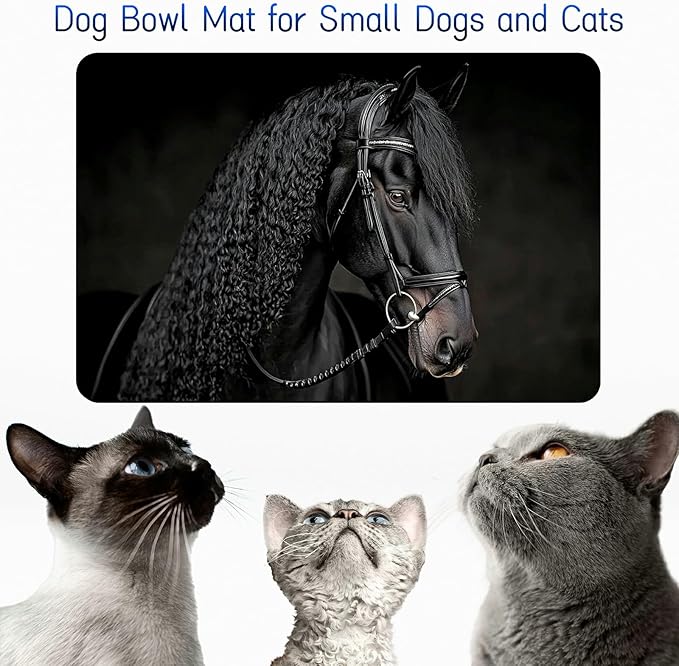 Dog Food Mat, 15.7" x 23.6" Absorbent Pet Feeding Mat for Food and Water, Waterproof Diatom Mud Pet Placemat with Non-Slip Rubber Backing, Easy Clean Cat Bowl Mat for Floors - Black Cool Horse