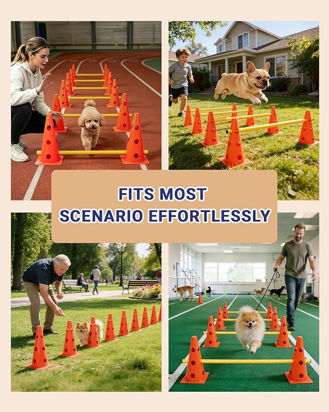Dog Agility Course Backyard Set, Dog Agility Hurdle Cone Set with Height Adjustable Crossbar for Rehabilitation & Beginners, Dog Agility Equipment for Dog Obstacle Course - 12 Inch Orange