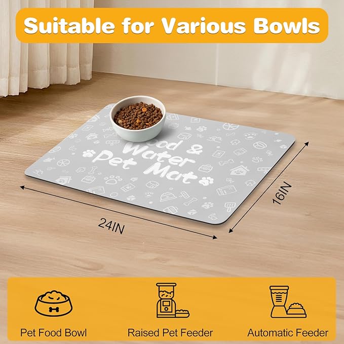 Pet Feeding Mat,Dog Cat Mat for Food and Water,Dog Bowl Waterproof Placemat with Rubber Backing,Absorbent Quick Dry Water Dispenser Mat for Pet(Light Gray 16"×24")