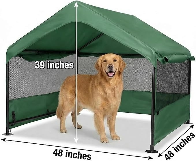 Dog Tent House Outdoor Shade 4'x4'x3' Shelter for Large Medium Pets,Outside Sun Rain Waterproof Canopy with Three-Sided Breathable Mesh Windows,Livestock House with Ground Nails,Deep Green