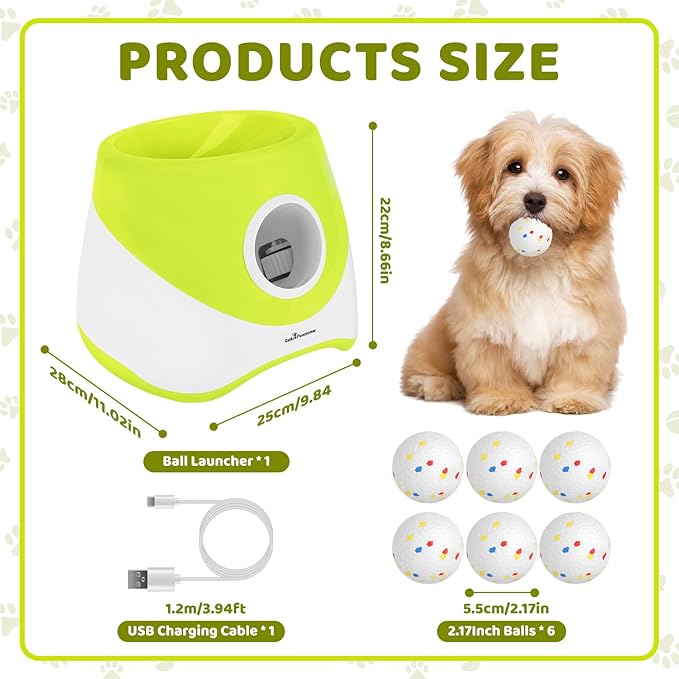 TeqHome Automatic Ball Launcher for Dogs, Interactive Dog Ball Thrower with 6 PCS 2.17" ETPU Balls, 3 Adjustable Distance Settings (20-46FT), Indoor Outdoor Fetch Trainer Toy for Small & Medium Dogs